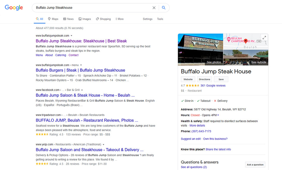 Screenshot of Buffalo Jump Steakhouse's sidebar space in Google local search.